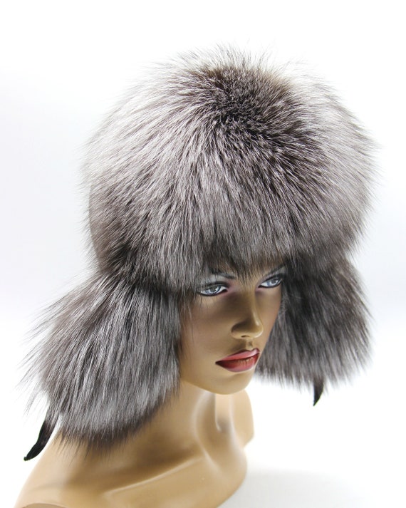 Silver Fox Fur Hat Women Black Leather Ushanka Winter  display picture 1
