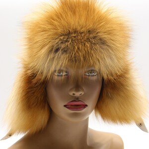 Side angle red fox fur hat women white leather ushanka earflap - elegant winter trapper natural fox