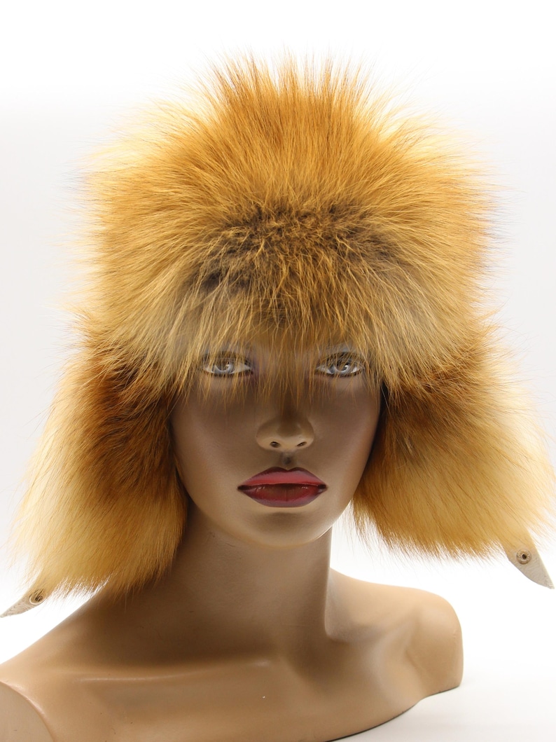 Side angle red fox fur hat women white leather ushanka earflap - elegant winter trapper natural fox