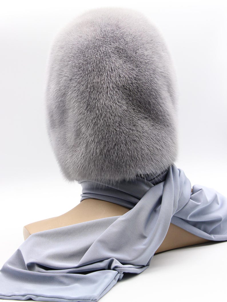 Alternative draping mink fur stole - hooded scarf styling option, winter fur accessory demonstrating multiple wearing methods