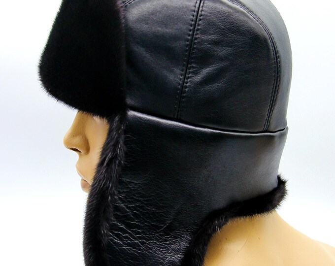 Black Mink Fur Leather Ushanka Youth - Complete Black Winter Hat Design