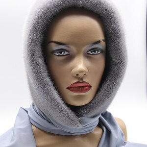 Side angle mink fur hood wrap - premium head scarf showing layered draping technique, handmade fur hat for women winter style