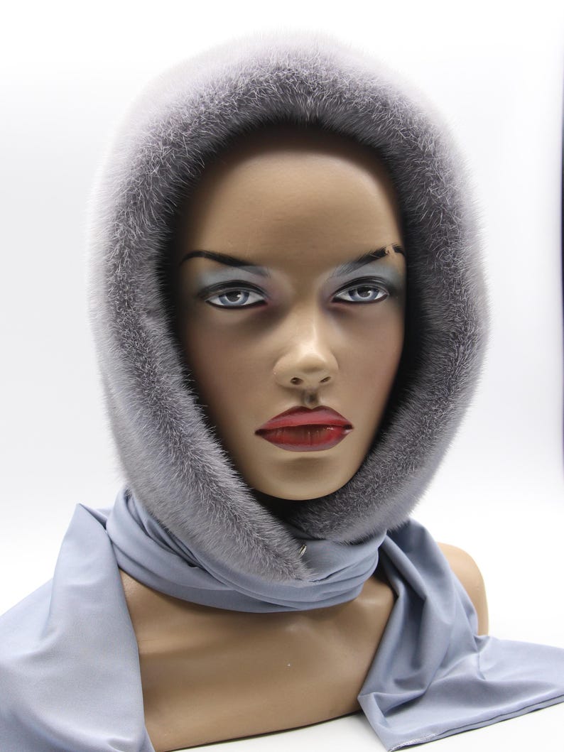 Side angle mink fur hood wrap - premium head scarf showing layered draping technique, handmade fur hat for women winter style