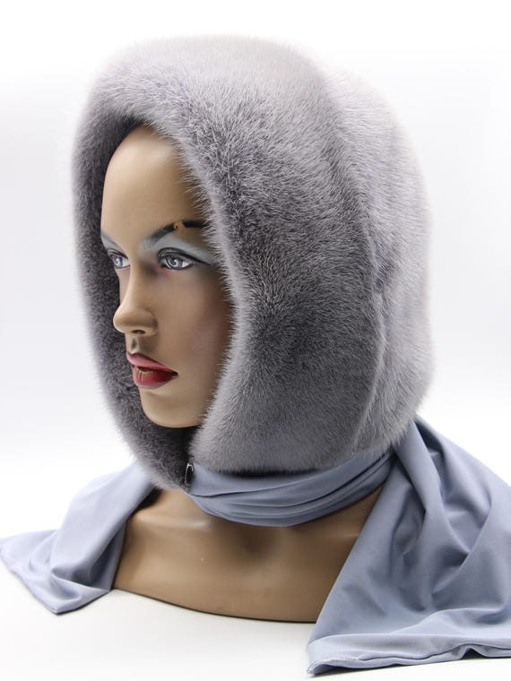 Sapphire Mink  Fur Hat Women Hooded Scarf Handmade Head Wrap Winter Hood Stole