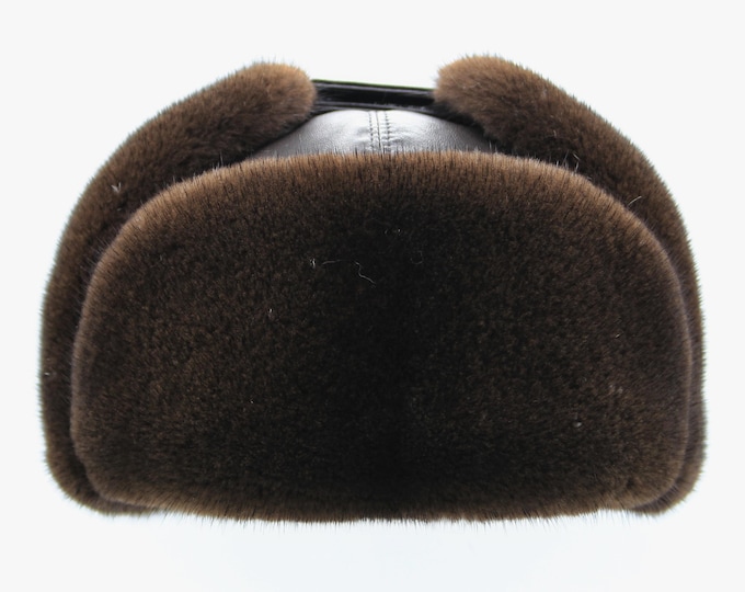 Brown Leather Ushanka Hat - Men's Winter Trapper with Mink Fur Trim
