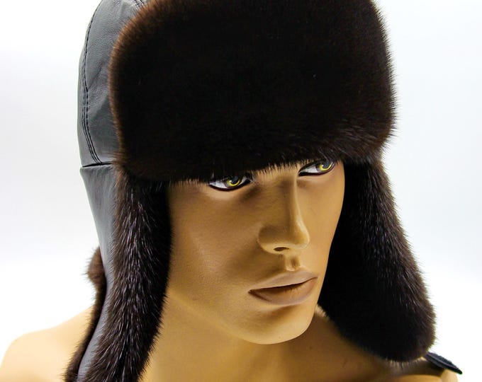 Black Leather Brown Mink Ushanka Youth - Contemporary Winter Hat Design