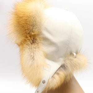 Back side angle red fox fur hat white leather ushanka construction - luxury winter trapper handmade