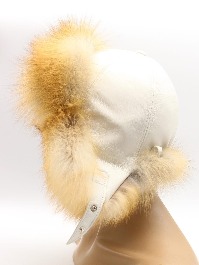 Back side angle red fox fur hat white leather ushanka construction - luxury winter trapper handmade