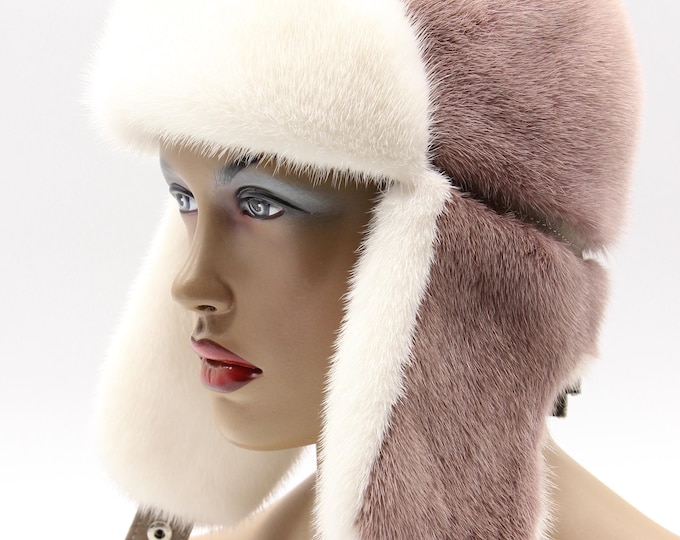 Handmade Powder Pink Mink Fur Ushanka Hat with White Forehead and Inner Earflaps for Women