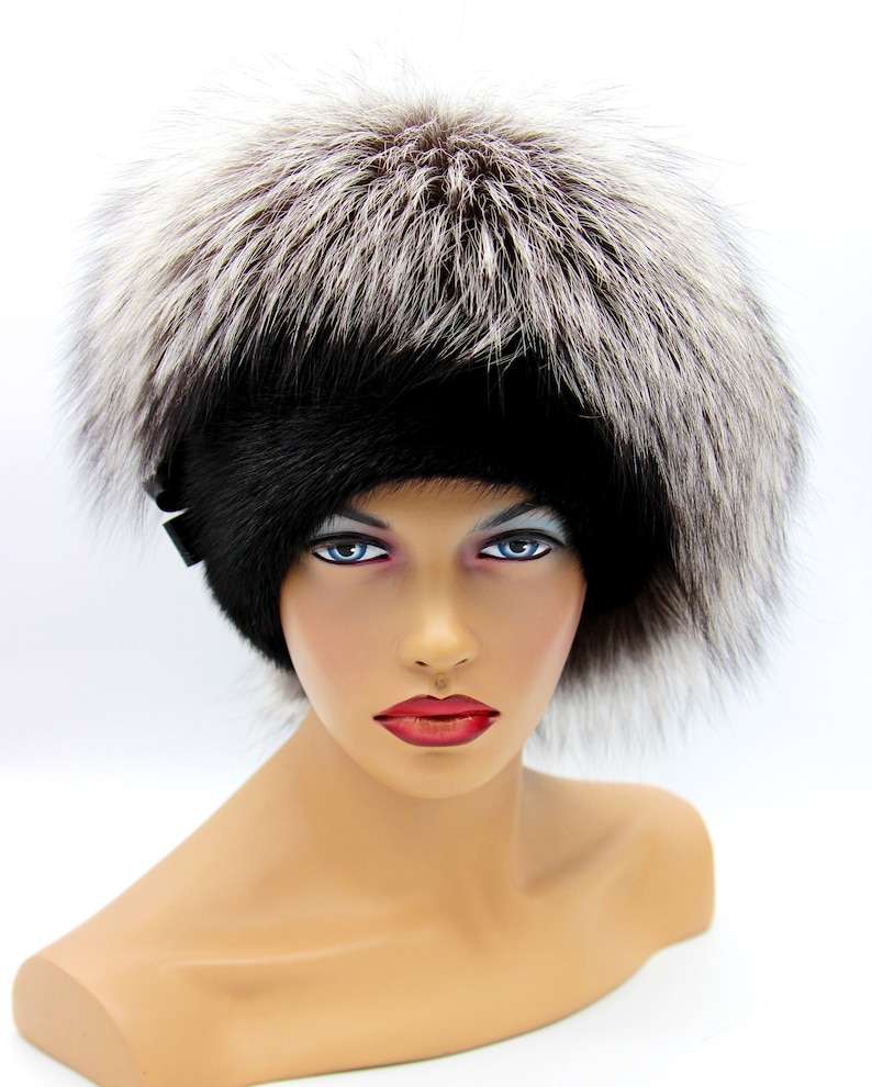 Ladies Silver Fox Mink Black Fur Hat Etsy