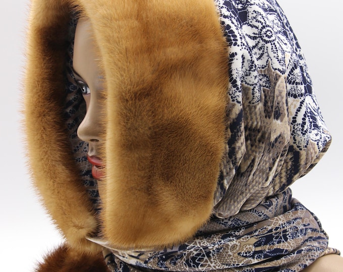 Ginger Mink Fur Hooded Scarf Ornate Pattern - Handmade Warm-Toned Winter Hood Wrap Women