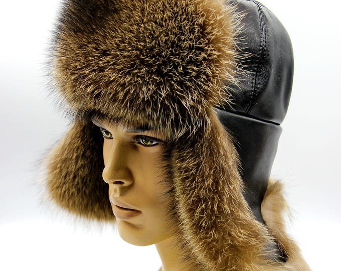 Raccoon Fur Black Leather Ushanka - Dense Insulation Winter Hat for Men