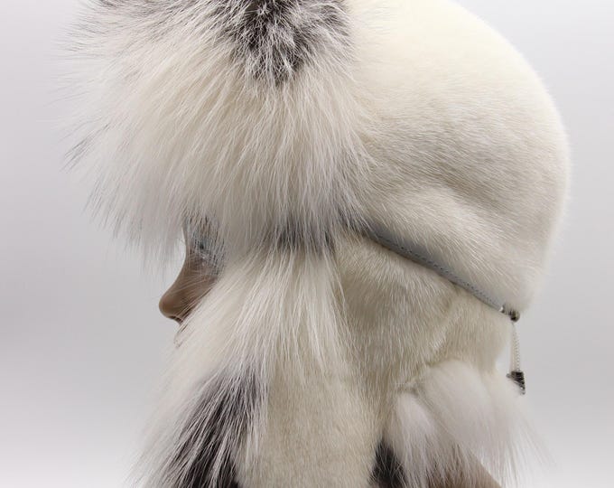 White Mink Arctic Fox Fur Hat Women Ushanka Winter Real Luxury Dual Premium Fur VIP Handmade