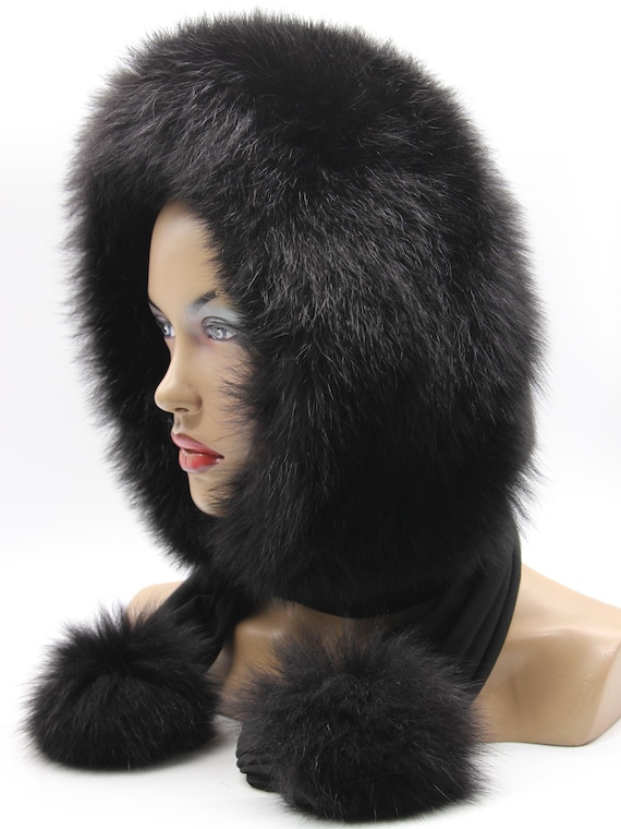 Black Mink Arctic Fox Fur Hat Women Hooded Scarf Handmade  display picture 1