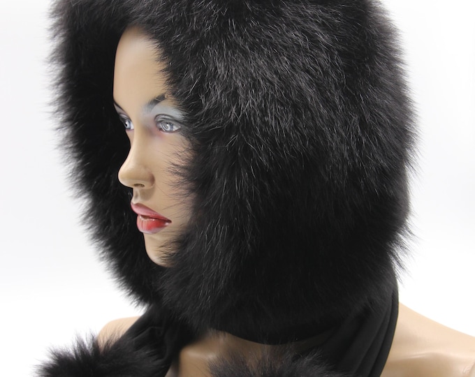 Black Mink Arctic Fox Fur Hat Women Hooded Scarf Handmade Winter Hood Luxury Dual Fur Trim