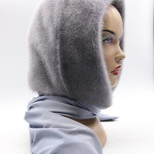 Three-quarter view mink fur head warmer - premium sapphire hood scarf showing coverage area, handcrafted winter accessory detail