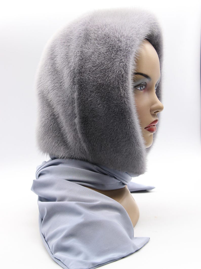 Three-quarter view mink fur head warmer - premium sapphire hood scarf showing coverage area, handcrafted winter accessory detail