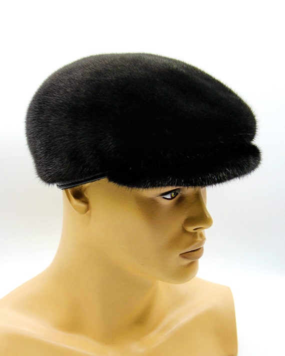 Fur Mink Newsboy Fur Cap: Men's Black Winter Hat