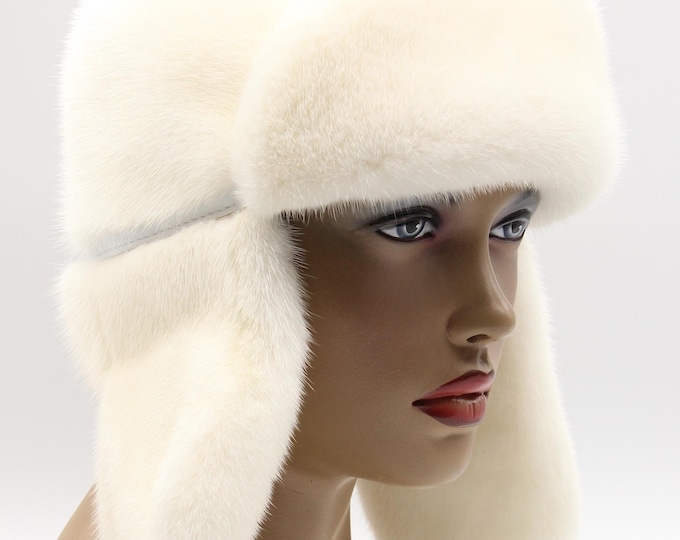 Handmade White Mink Fur Ushanka Hat for Women – Classic Winter Trapper