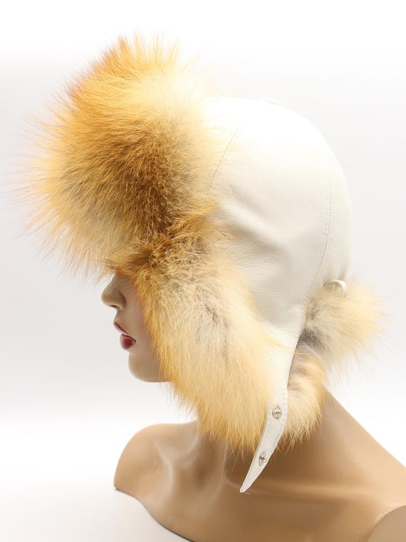 Red Fox Fur Hat Women White Leather Ushanka Winter Natural Trapper Earflaps Handmade Ladies