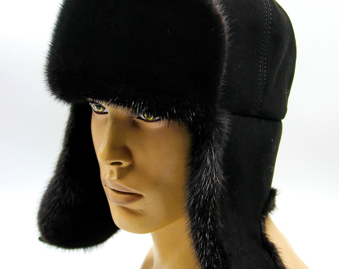 Premium Black Mink Ushanka Hat - Men's Luxury Winter Trapper with Suede Top