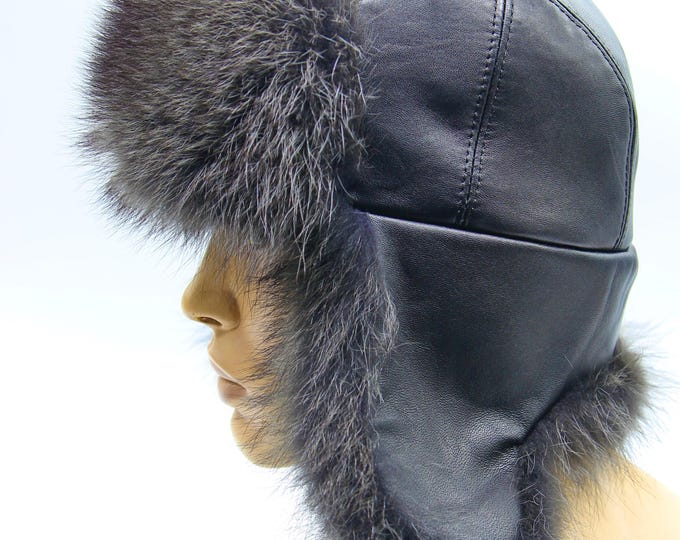 Grey Raccoon Fur Black Leather Ushanka Hat - Unique Winter Hat for Men