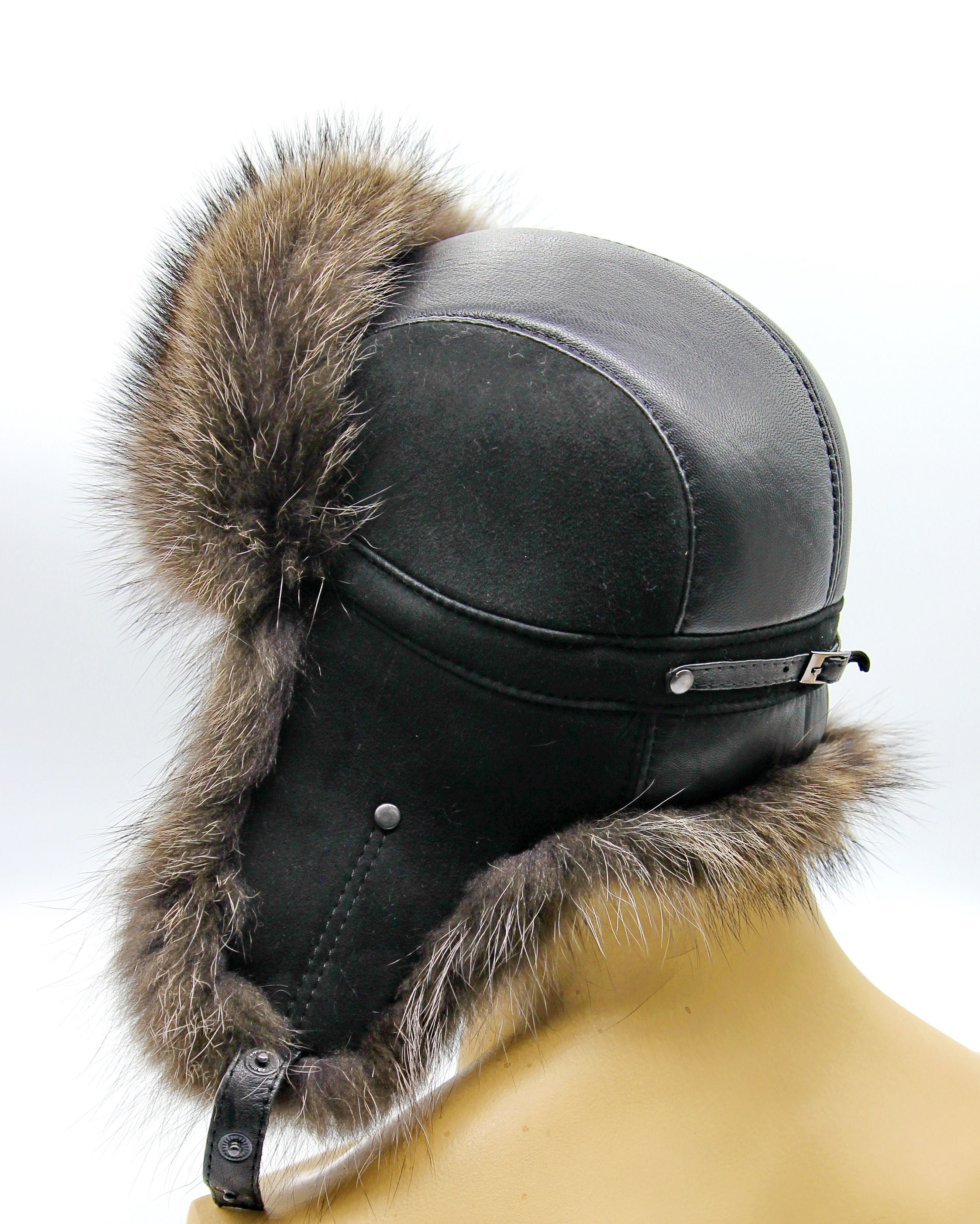 Men's winter russian hat from a raccoon fur and leather Etsy