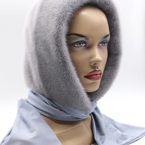 Front view sapphire mink hooded scarf - elegant fur stole draped naturally, women's winter hat alternative with hood functionality