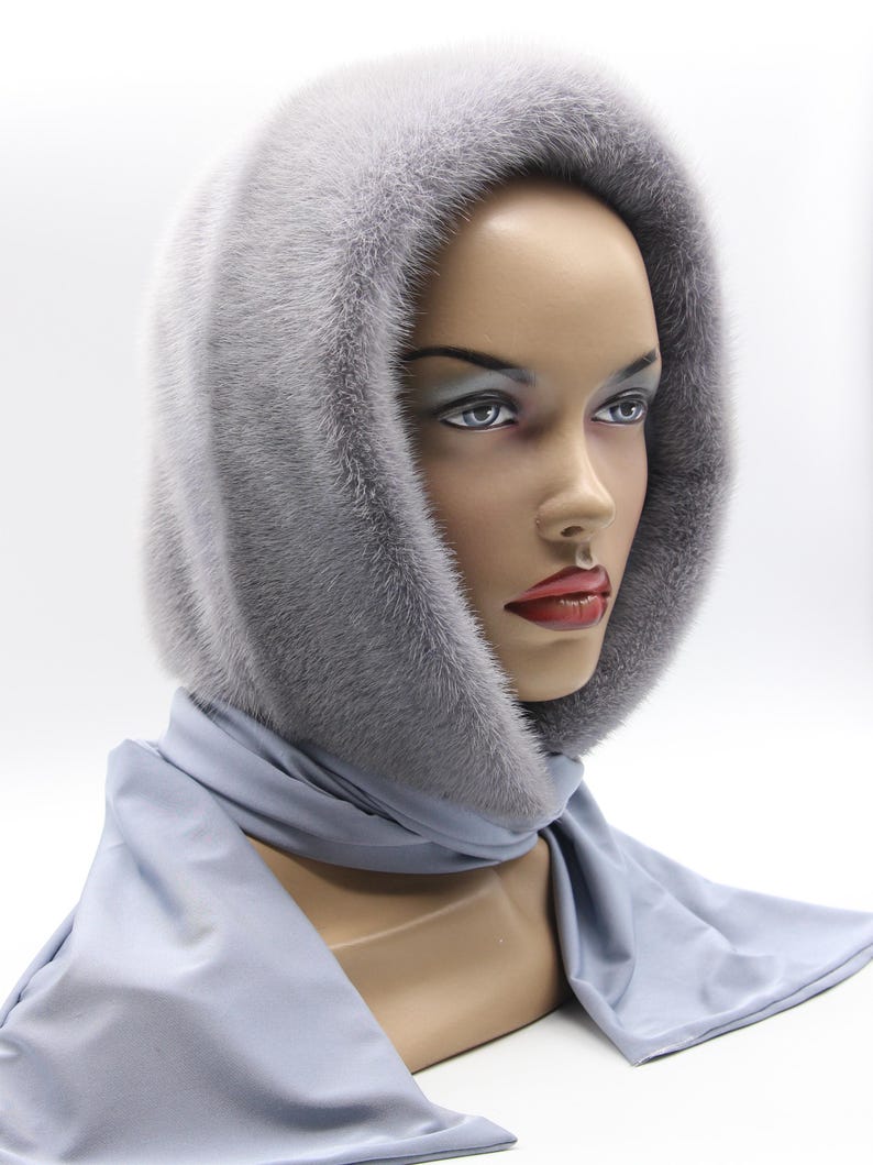 Front view sapphire mink hooded scarf - elegant fur stole draped naturally, women's winter hat alternative with hood functionality