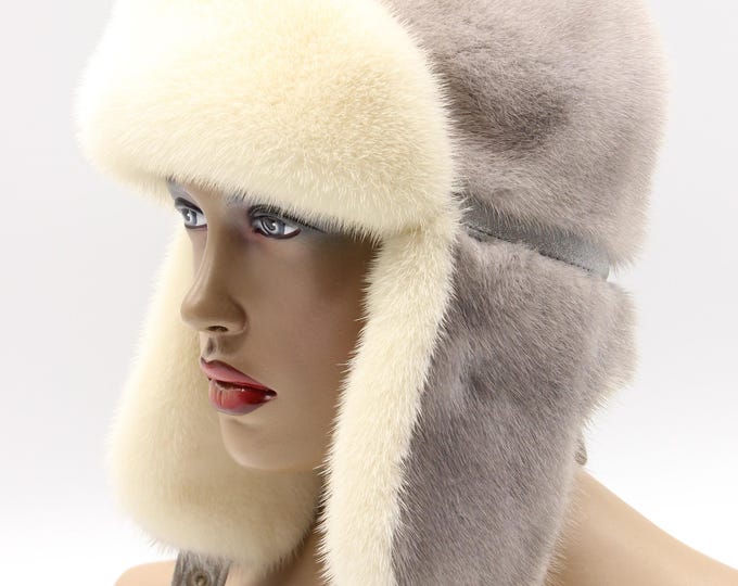 Handmade Sapphire Blue Mink Fur Ushanka Hat with White Forehead and Inner Earflaps