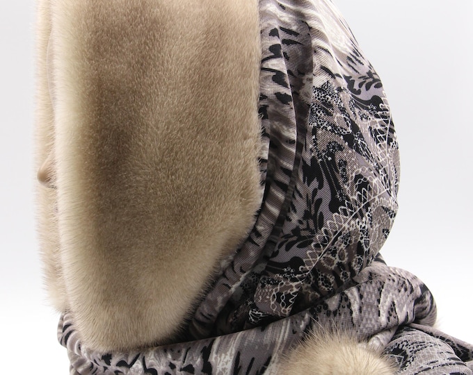 Grey-Beige Mink Fur Hooded Scarf Ornate Pattern - Handmade Cool-Toned Winter Hood Wrap Women