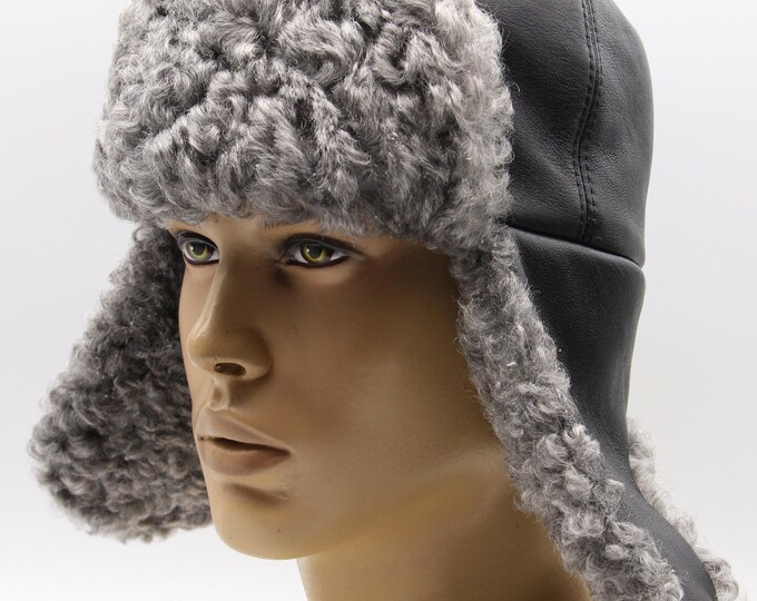 Grey Karakul Fur Ushanka Hat Black Leather | Sophisticated Winter Hat | Ukrainian Made