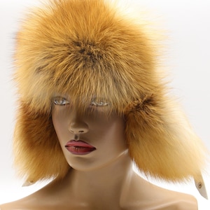 Frontal angle red fox fur hat white leather ushanka showing texture - elegant winter trapper quality