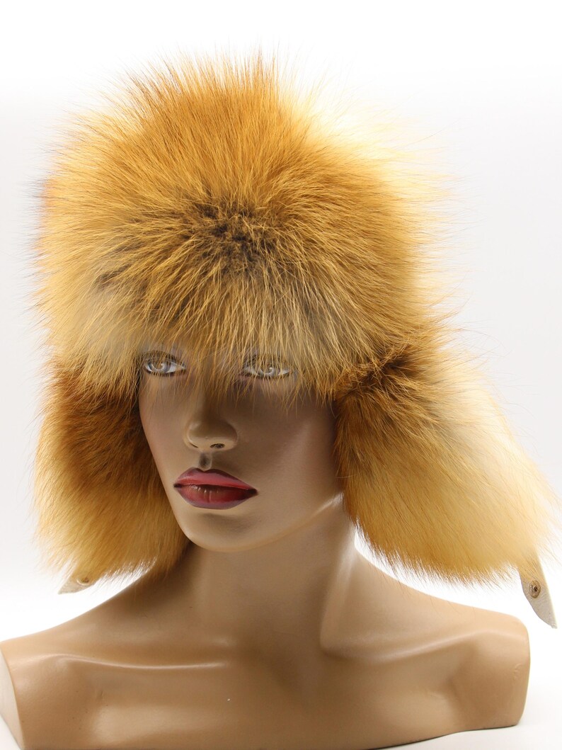 Frontal angle red fox fur hat white leather ushanka showing texture - elegant winter trapper quality