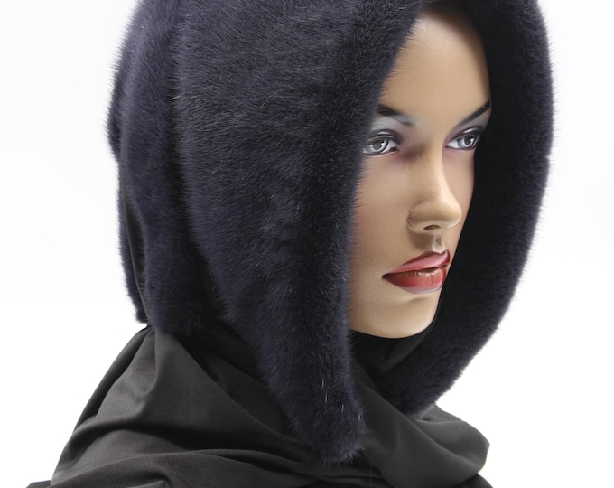 Graphite Grey Dyed Mink Fur Hood Black Fabric Scarf - Modern Two Tone Winter