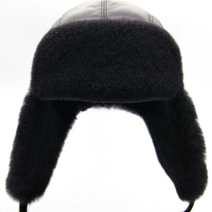 Men&#39;s shearling fur bomber hat sheepskin leather aviator trapper winter handmade black