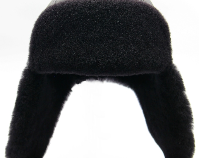 Black Shearling Bomber Fur Hat - Men's Winter Ushanka with Sheepskin Construction