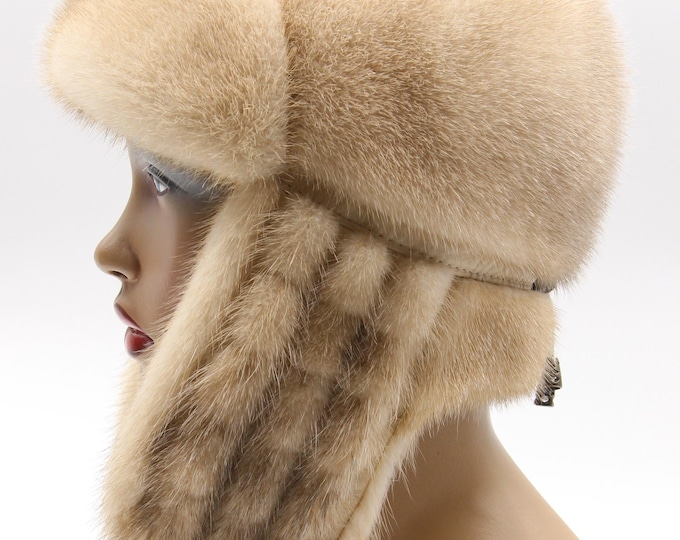 Handmade Pastel Beige Mink Fur Ushanka Hat for Women – Luxury Winter Trapper