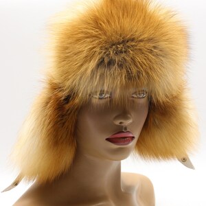 Front view red fox fur hat women white leather ushanka earflaps down - handmade winter trapper