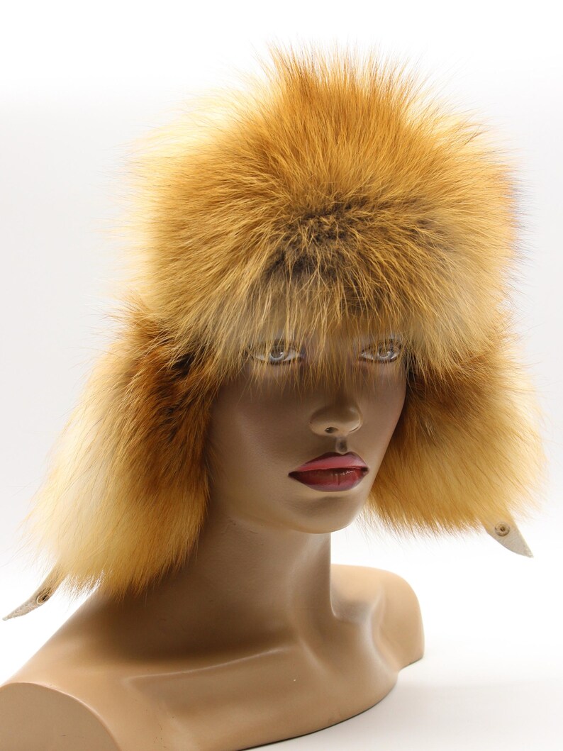 Front view red fox fur hat women white leather ushanka earflaps down - handmade winter trapper