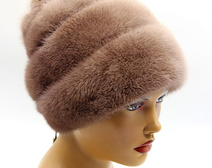 Cocoa Brown Mink Fur Hat Women Winter with Suede Stripes - Handmade Luxury Warm Headwear Rose Back