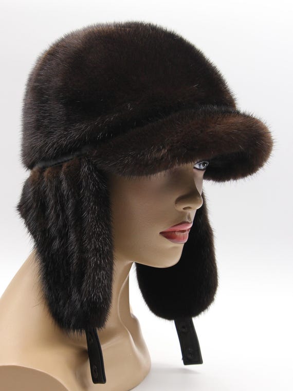 Brown Mink Fur Ushanka Hat Women With Visor Winter Trapper  display picture 3