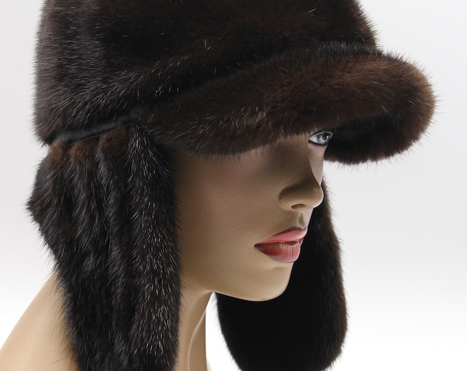 Handmade Brown Mink Fur Ushanka Hat with Visor for Women