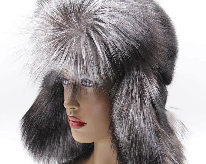 Black Mink Silver Fox Fur Hat Women Ushanka Winter Real Luxury Dual Premium Fur VIP Monochrome