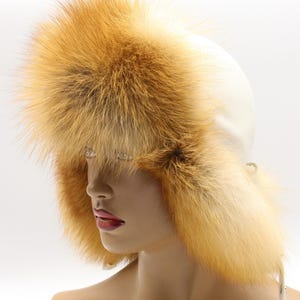 Side profile red fox fur hat women white leather ushanka earflap detail - handmade winter trapper