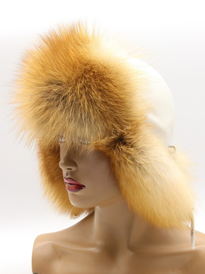 Side profile red fox fur hat women white leather ushanka earflap detail - handmade winter trapper