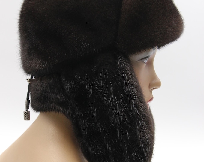 Handmade Brown Mink Fur Ushanka Hat for Women – Classic Winter Trapper
