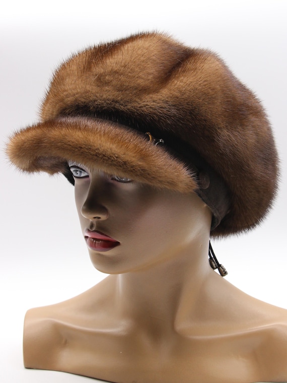 Light Brown Mink Fur Hat Newsboy Cap Women Winter Baker Style Handmade Warm Visor