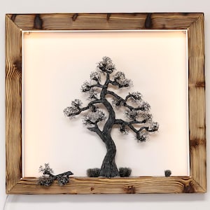 Lighted Bonsai Tree Wall Art: 3D Sculpture, Real Branches, Rustic Wood Frame