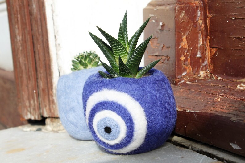 gardening gift for her table centerpiece blue planters planter pots Decorative evil eye cactus planter decor home decor gift for mom